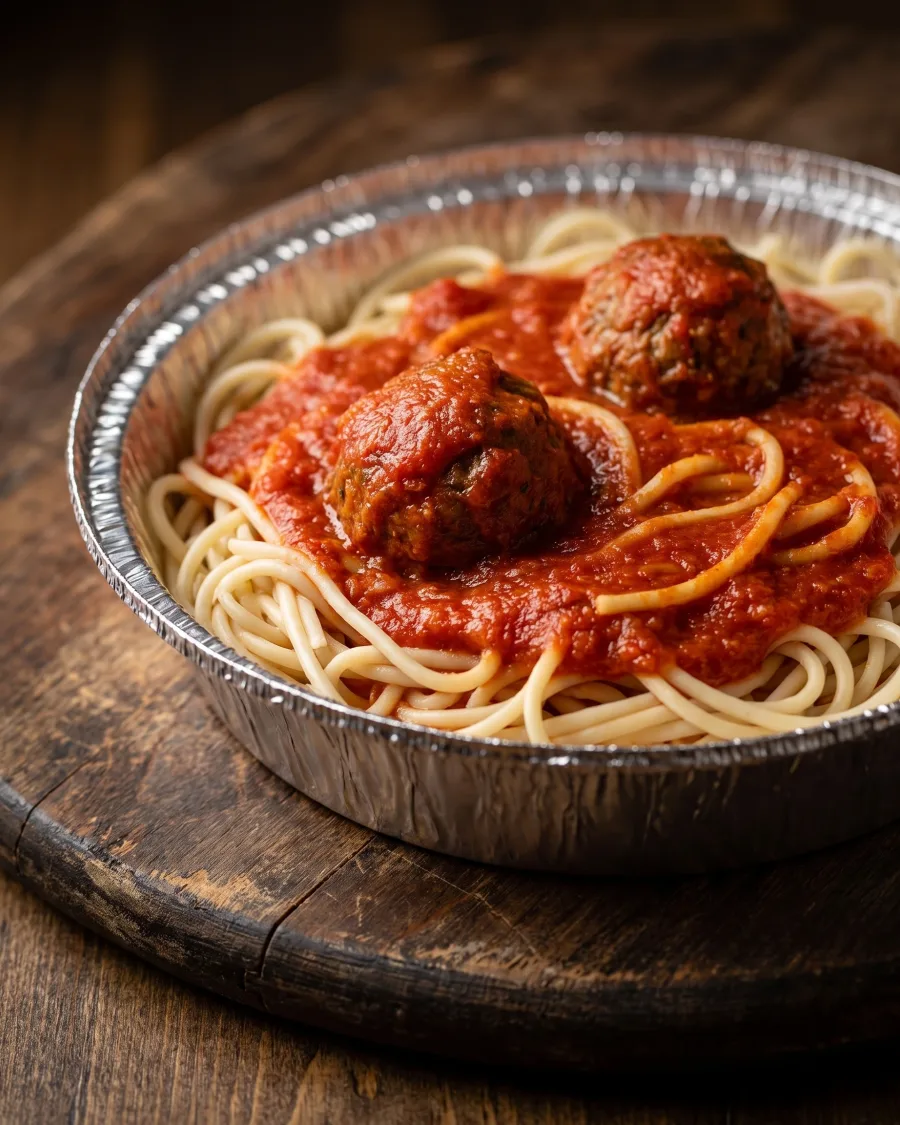 Spaghetti and meatballs in an Uncle Reds foil catering tray