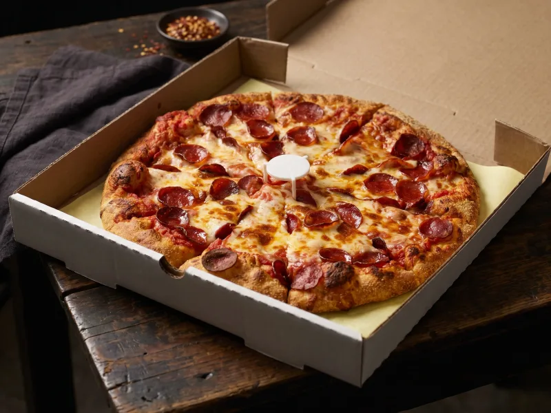 A large Uncle Reds pepperoni pizza in its open delivery box