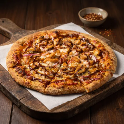 The BBQ Fried Chicken pizza — fried chicken, red onions and a BBQ sauce drizzle
