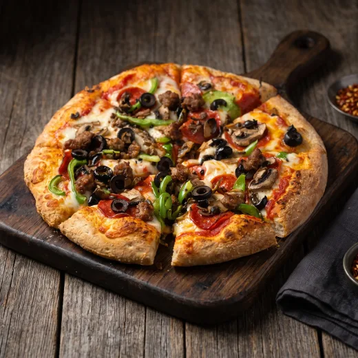 The House Special pizza — pepperoni, sausage, mushrooms, black olives and green peppers