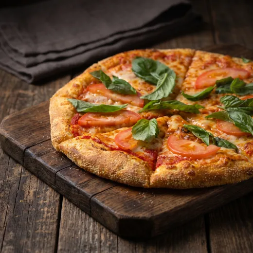 The Margarita pizza — pizza sauce, fresh mozzarella, sliced tomato and whole basil leaves