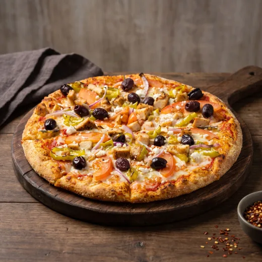 The Mediterranean pizza — chicken, red onions, greek olives, feta, pepperoncinis and fresh tomatoes