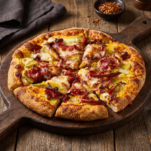 The Pastrami pizza — pastrami, pickles and a mustard drizzle