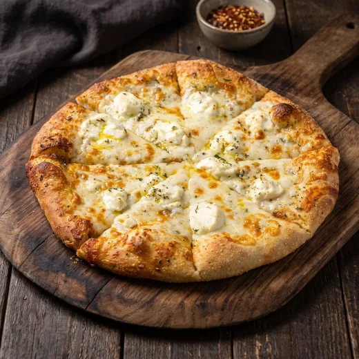 The White Stone pizza — ricotta, mozzarella, provolone and parmesan with fresh garlic, no red sauce
